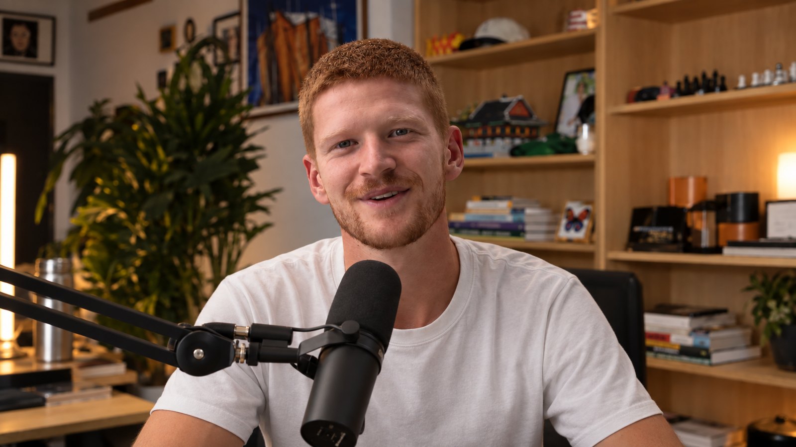 George at his desk behind a podcast microphone, about to speak